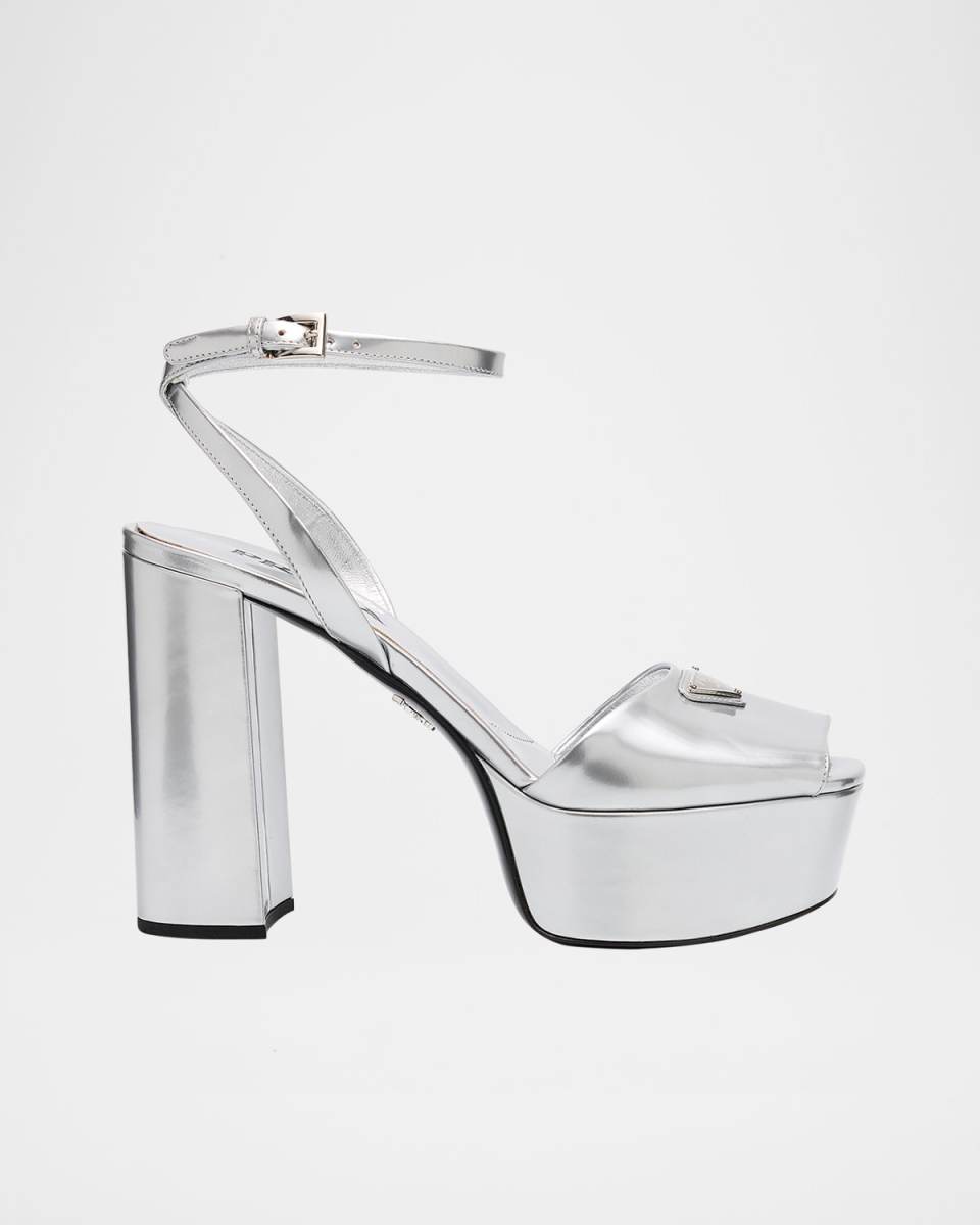 Metallic Leather Ankle-Strap Platform Sandals
